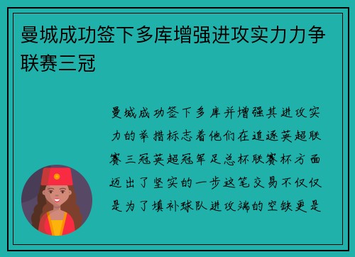 曼城成功签下多库增强进攻实力力争联赛三冠