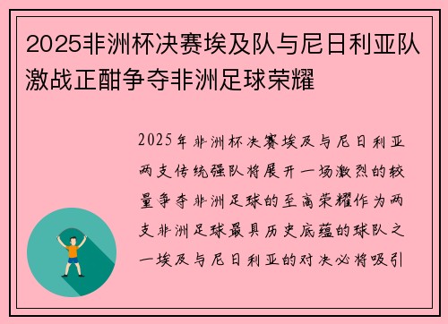 2025非洲杯决赛埃及队与尼日利亚队激战正酣争夺非洲足球荣耀