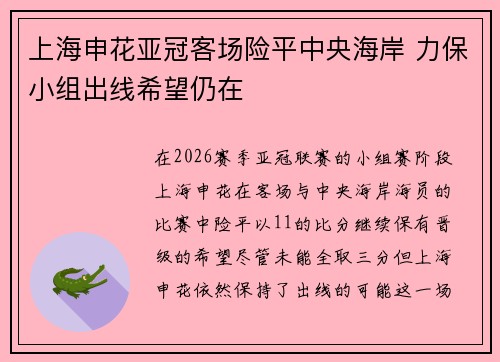 上海申花亚冠客场险平中央海岸 力保小组出线希望仍在